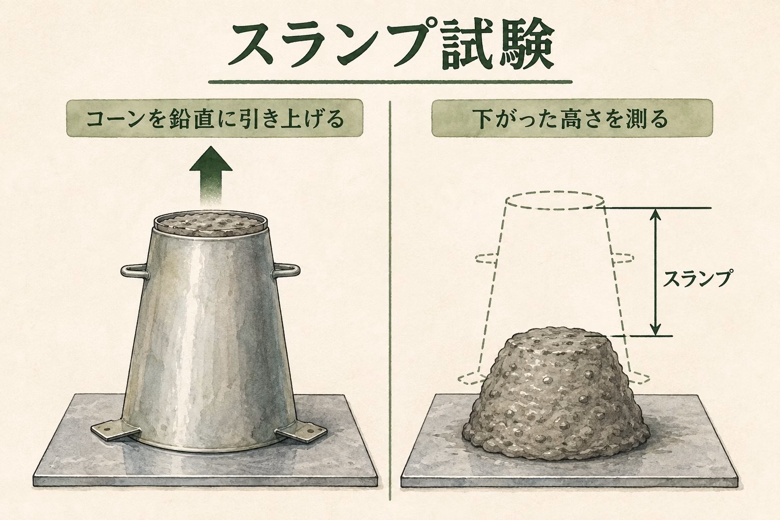 スランプコーンを引き上げ、コンクリートが下がった高さを測るスランプ試験の図