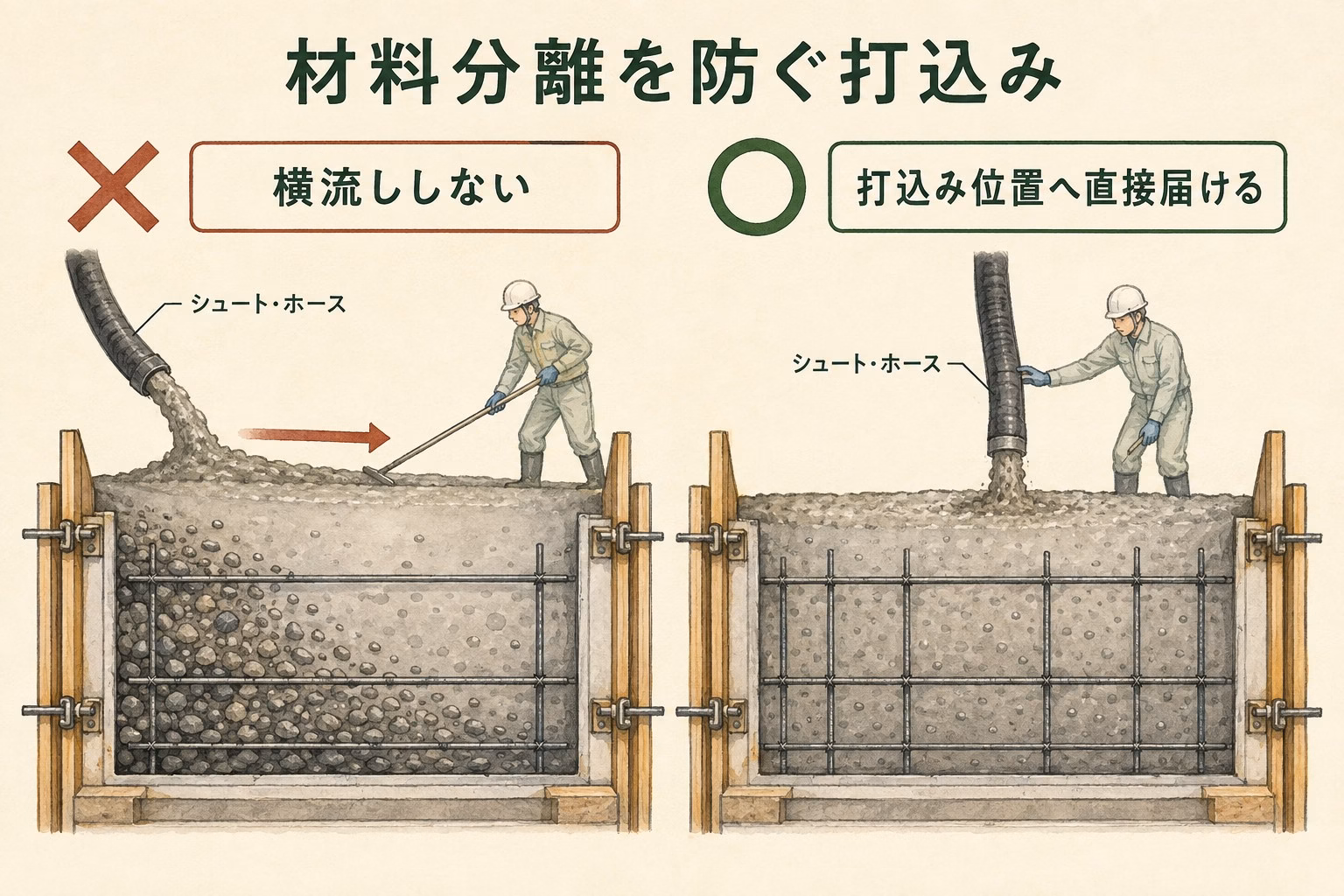 コンクリートを横流しする悪い例と、シュートやホースで打込み位置へ直接届ける良い例の比較図